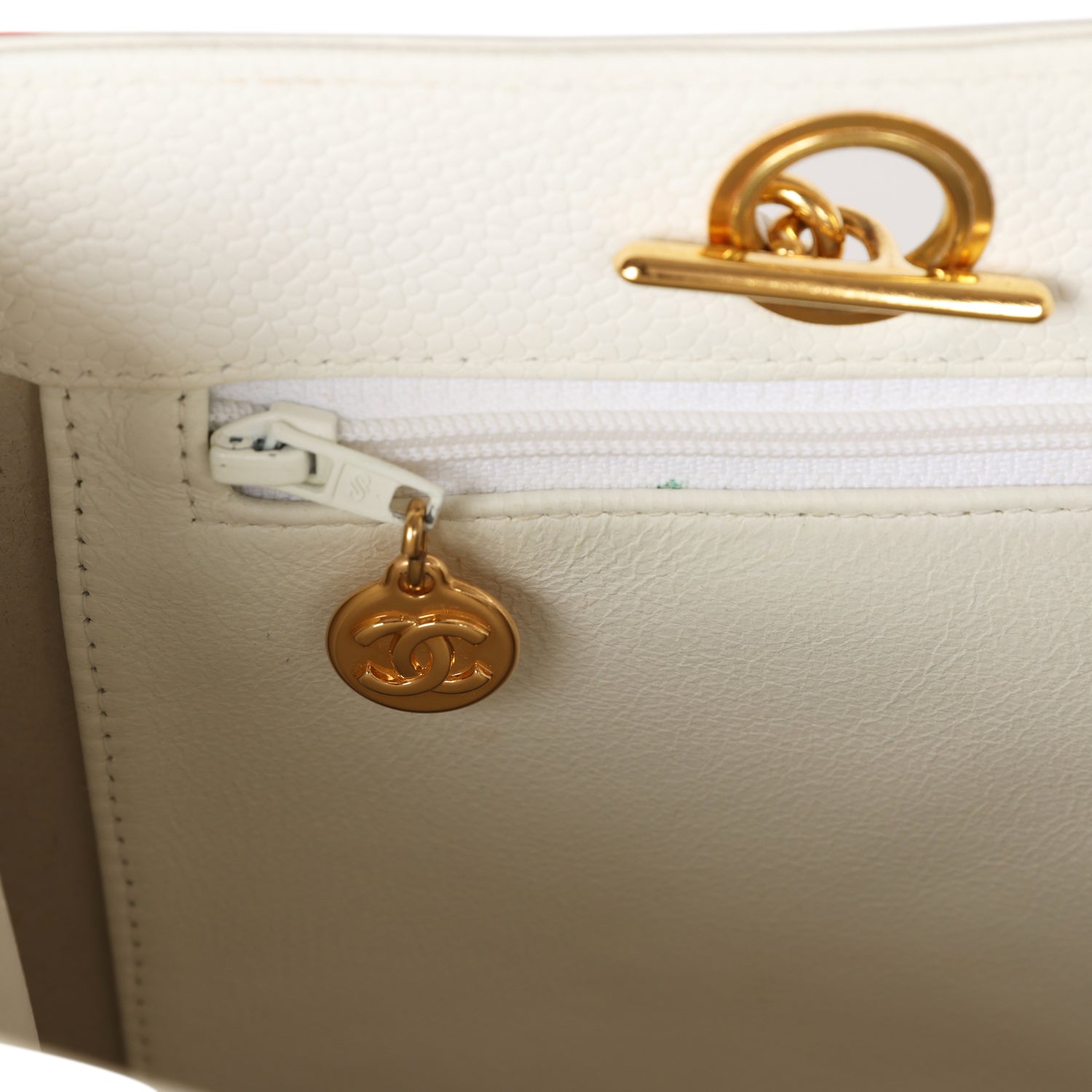 Vintage Chanel CC Chain Shopping Tote Bag White Caviar Gold Hardware - Image 9