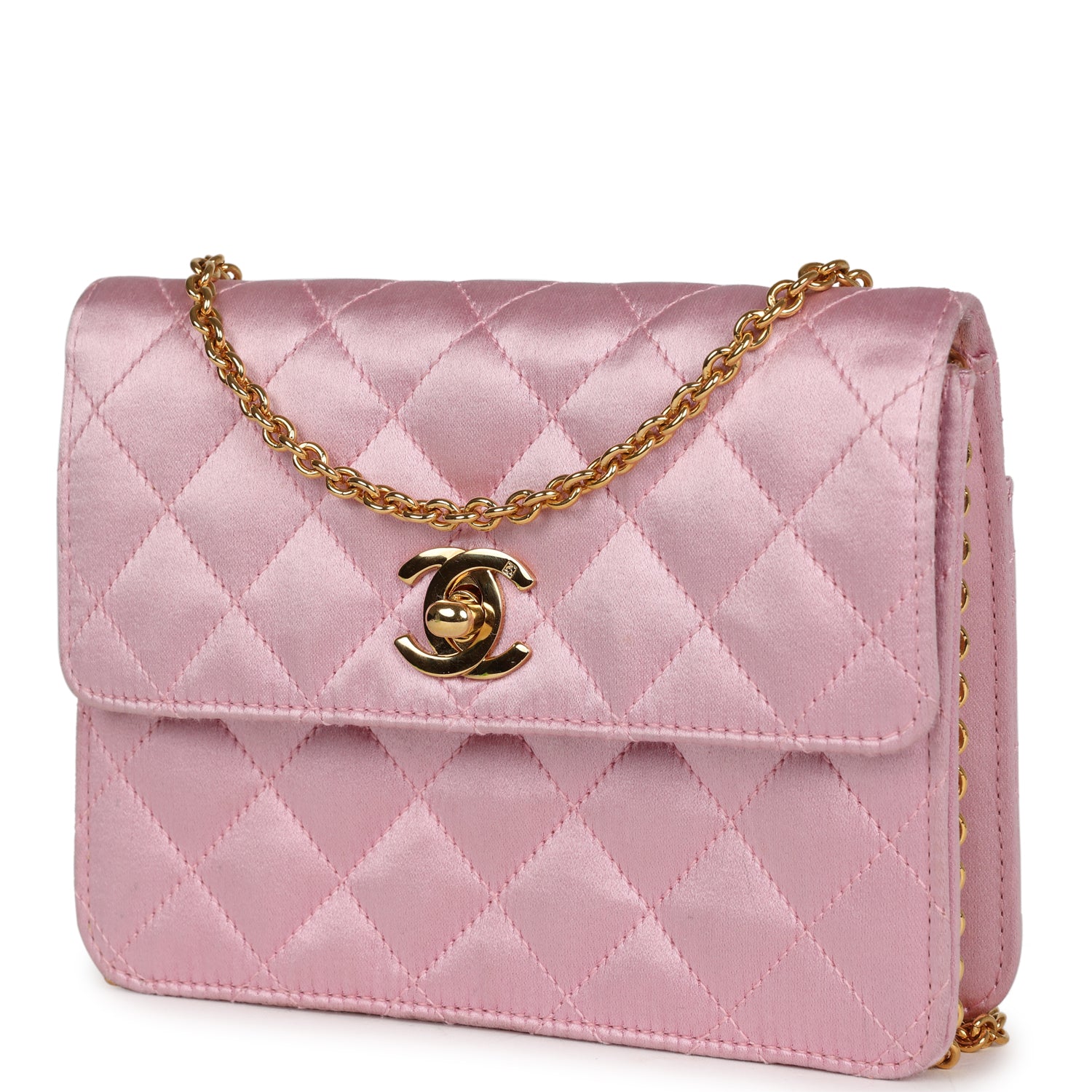 Vintage Chanel Mini Straight Flap Bag Pink Satin Gold Hardware - Image 3