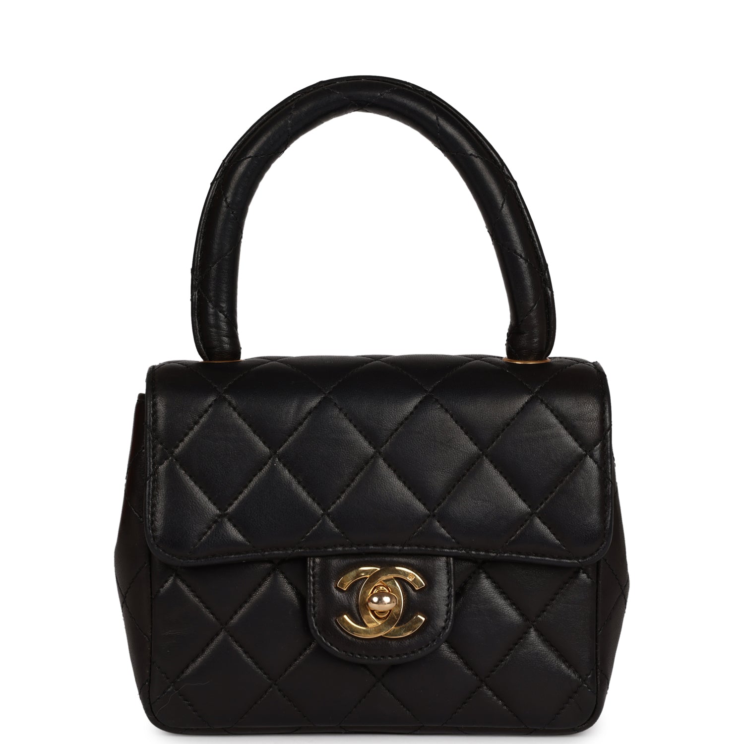 Vintage Chanel Micro Kelly Child Flap Bag Black Lambskin Gold Hardware
