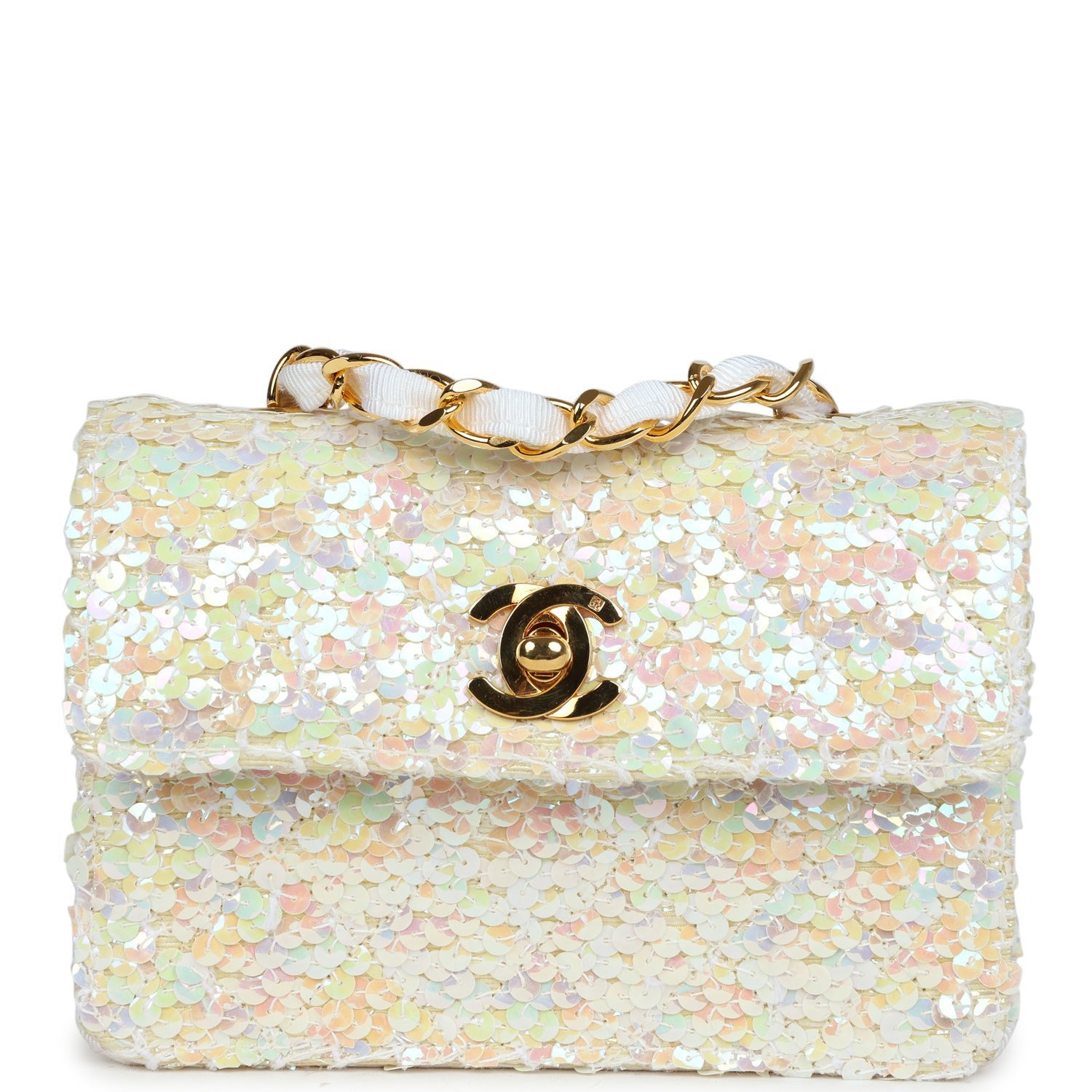 Vintage Chanel Micro Half Flap Iridescent Ivory Sequin Gold Hardware