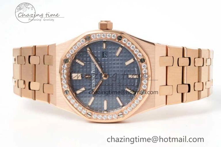 MIROTIME Royal Oak 33mm Ladies RG 8F Best Edition Blue Dial Diamonds Bezel on RG Bracelet Quartz EyeCatching 4786