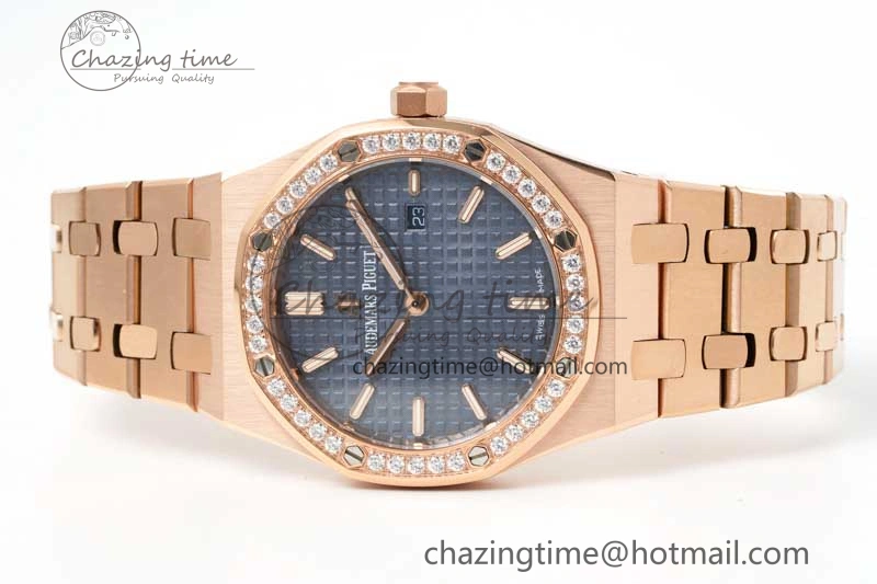 MIROTIME Royal Oak 33mm Ladies RG 8F Best Edition Blue Dial Diamonds Bezel on RG Bracelet Quartz EyeCatching 4786