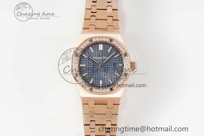 MIROTIME Royal Oak 33mm Ladies RG 8F Best Edition Blue Dial Diamonds Bezel on RG Bracelet Quartz EyeCatching 4786