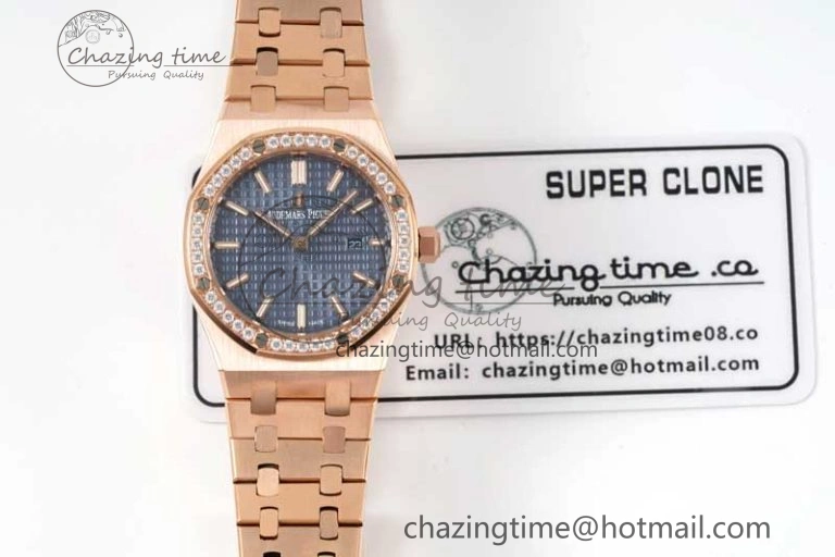 MIROTIME Royal Oak 33mm Ladies RG 8F Best Edition Blue Dial Diamonds Bezel on RG Bracelet Quartz EyeCatching 4786
