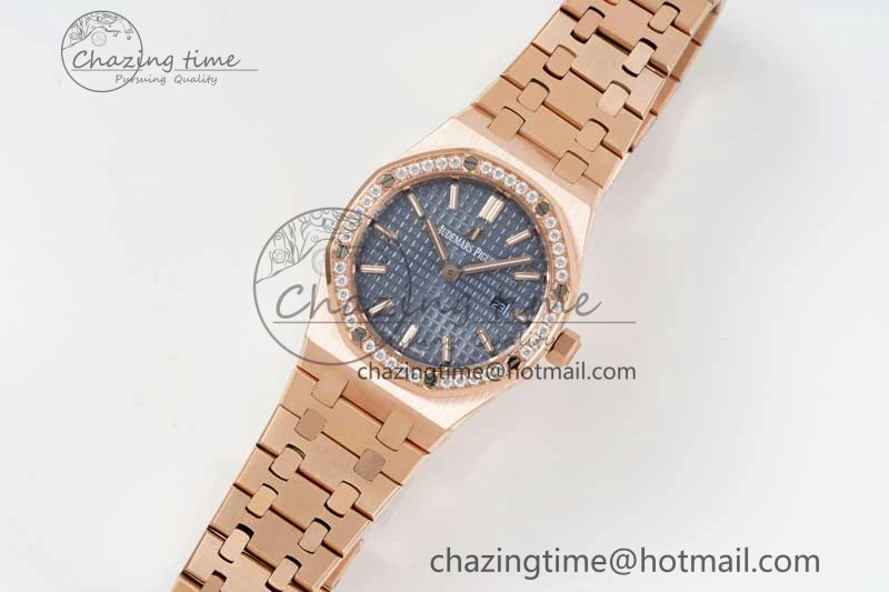 MIROTIME Royal Oak 33mm Ladies RG 8F Best Edition Blue Dial Diamonds Bezel on RG Bracelet Quartz EyeCatching 4786