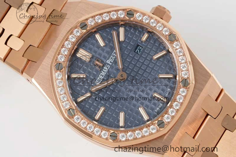 MIROTIME Royal Oak 33mm Ladies RG 8F Best Edition Blue Dial Diamonds Bezel on RG Bracelet Quartz EyeCatching 4786
