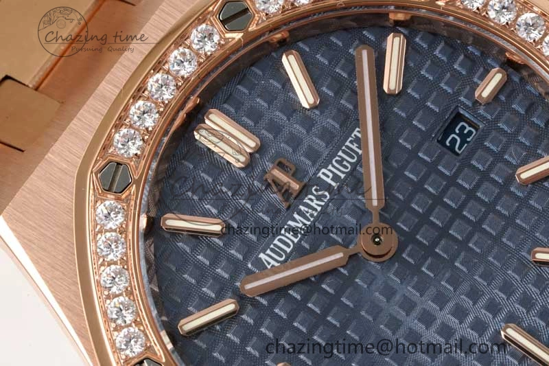 MIROTIME Royal Oak 33mm Ladies RG 8F Best Edition Blue Dial Diamonds Bezel on RG Bracelet Quartz EyeCatching 4786