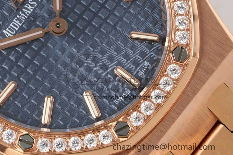 MIROTIME Royal Oak 33mm Ladies RG 8F Best Edition Blue Dial Diamonds Bezel on RG Bracelet Quartz EyeCatching 4786