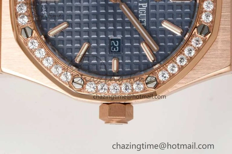MIROTIME Royal Oak 33mm Ladies RG 8F Best Edition Blue Dial Diamonds Bezel on RG Bracelet Quartz EyeCatching 4786