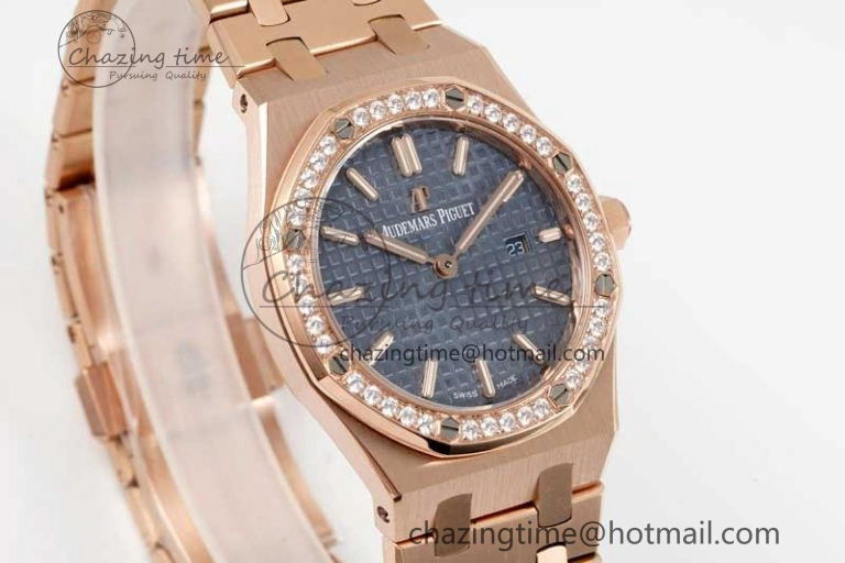 MIROTIME Royal Oak 33mm Ladies RG 8F Best Edition Blue Dial Diamonds Bezel on RG Bracelet Quartz EyeCatching 4786