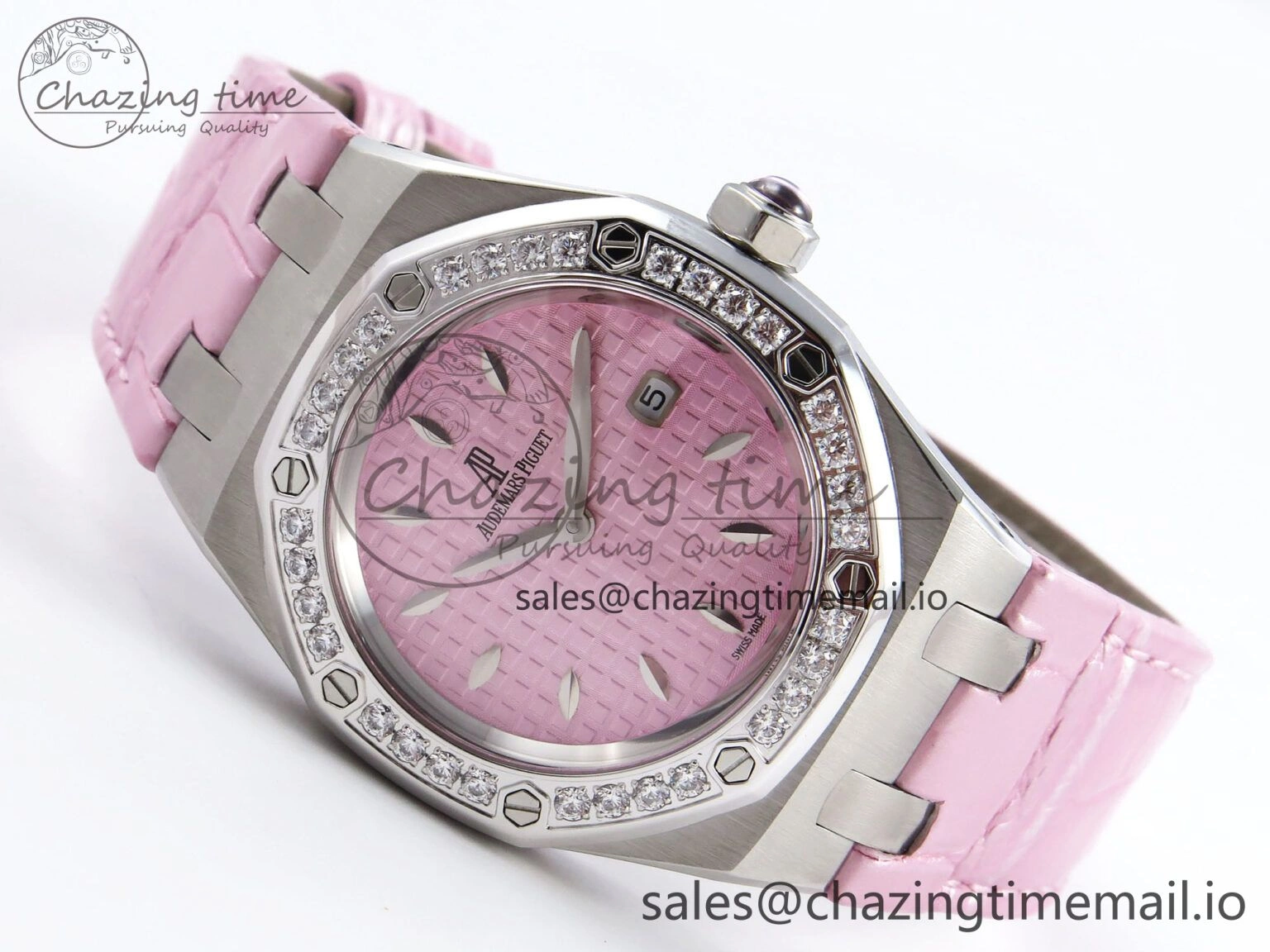 MIROTIME Royal Oak Offshore Ladies 33mm SS DRF Best Edition Pink Dial Diamonds Bezel on Pink Leather Strap ETA Quartz Cozy 4405
