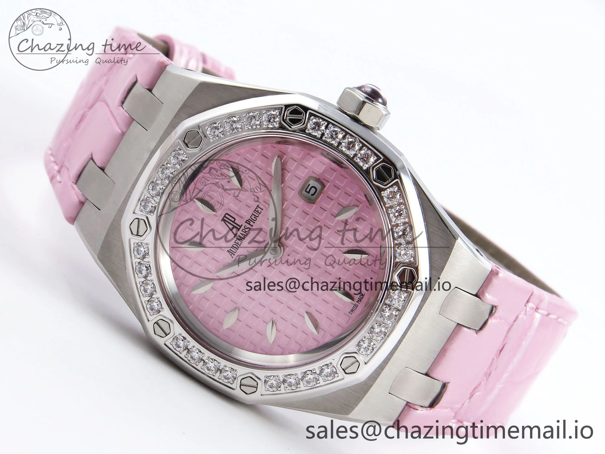 MIROTIME Royal Oak Offshore Ladies 33mm SS DRF Best Edition Pink Dial Diamonds Bezel on Pink Leather Strap ETA Quartz Cozy 4405