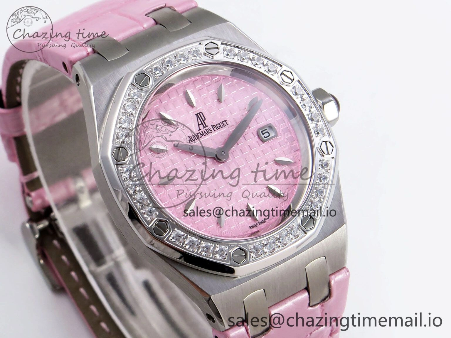 MIROTIME Royal Oak Offshore Ladies 33mm SS DRF Best Edition Pink Dial Diamonds Bezel on Pink Leather Strap ETA Quartz Cozy 4405