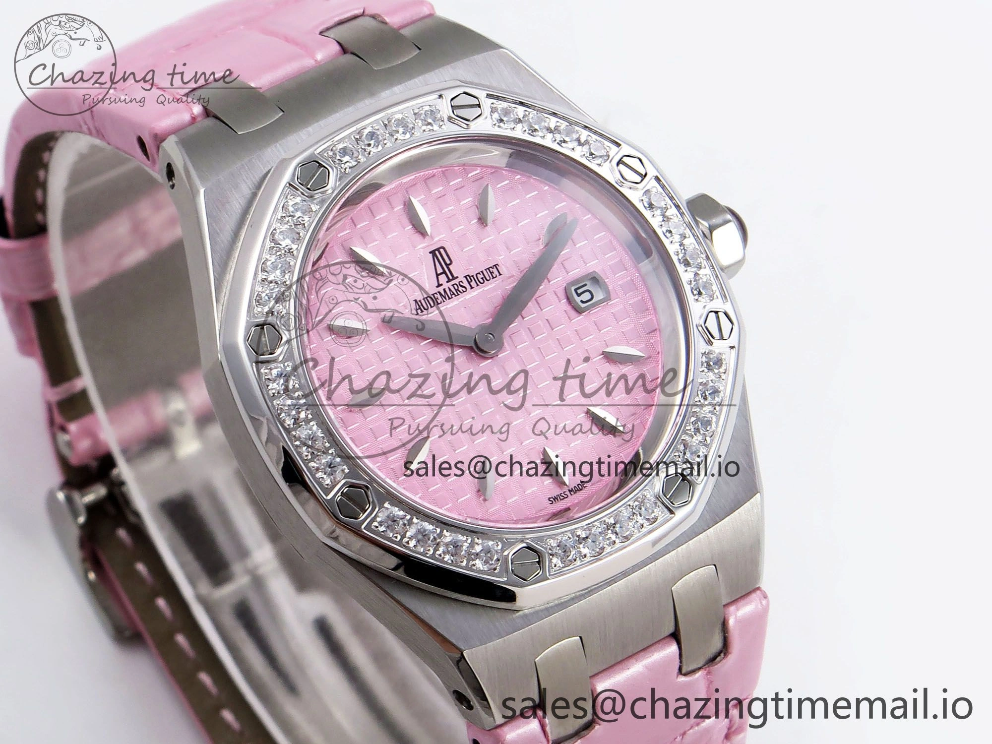 MIROTIME Royal Oak Offshore Ladies 33mm SS DRF Best Edition Pink Dial Diamonds Bezel on Pink Leather Strap ETA Quartz Cozy 4405