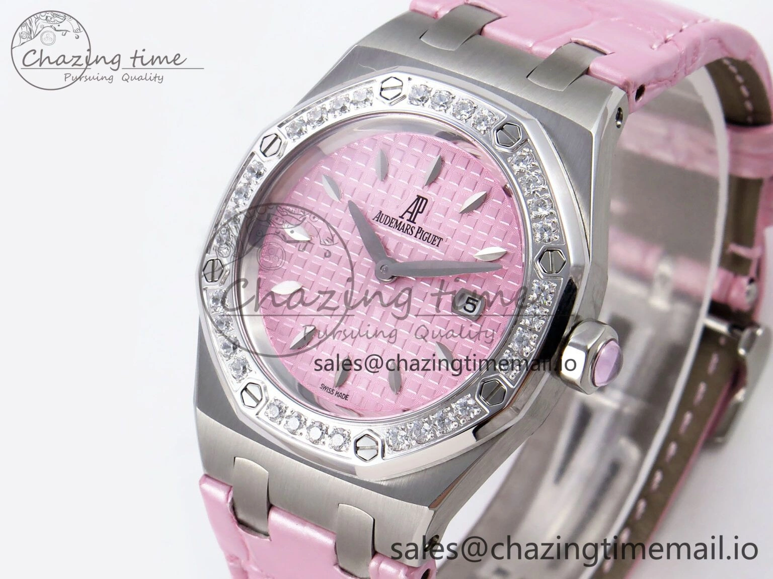 MIROTIME Royal Oak Offshore Ladies 33mm SS DRF Best Edition Pink Dial Diamonds Bezel on Pink Leather Strap ETA Quartz Cozy 4405