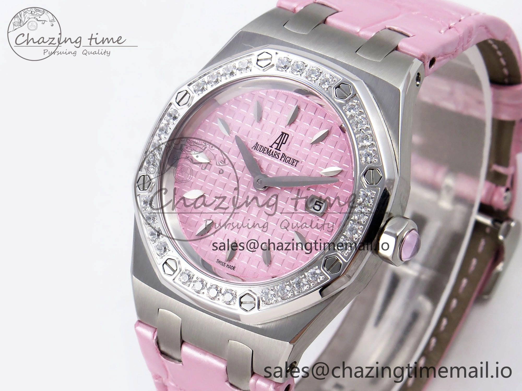 MIROTIME Royal Oak Offshore Ladies 33mm SS DRF Best Edition Pink Dial Diamonds Bezel on Pink Leather Strap ETA Quartz Cozy 4405