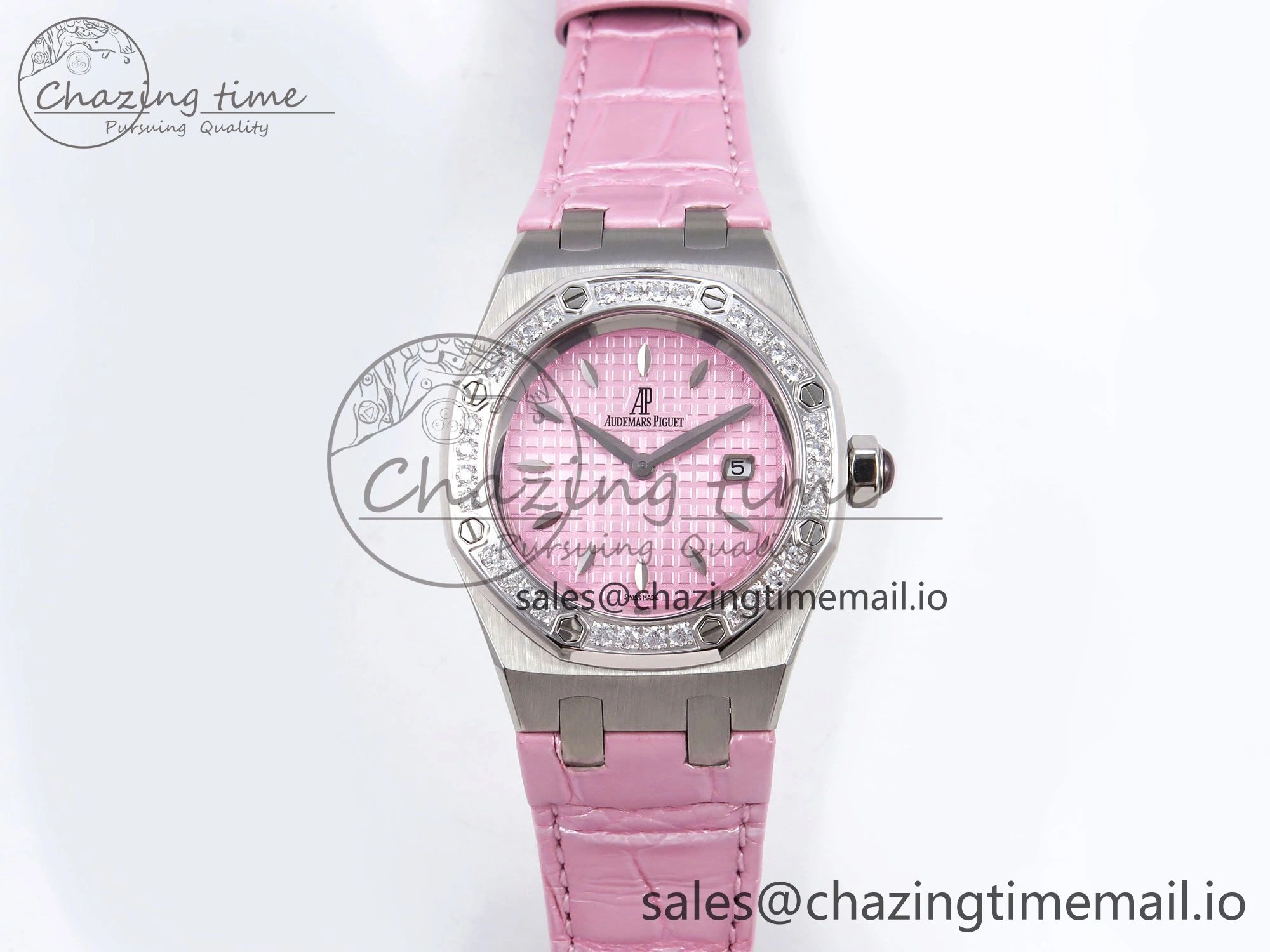 MIROTIME Royal Oak Offshore Ladies 33mm SS DRF Best Edition Pink Dial Diamonds Bezel on Pink Leather Strap ETA Quartz Cozy 4405
