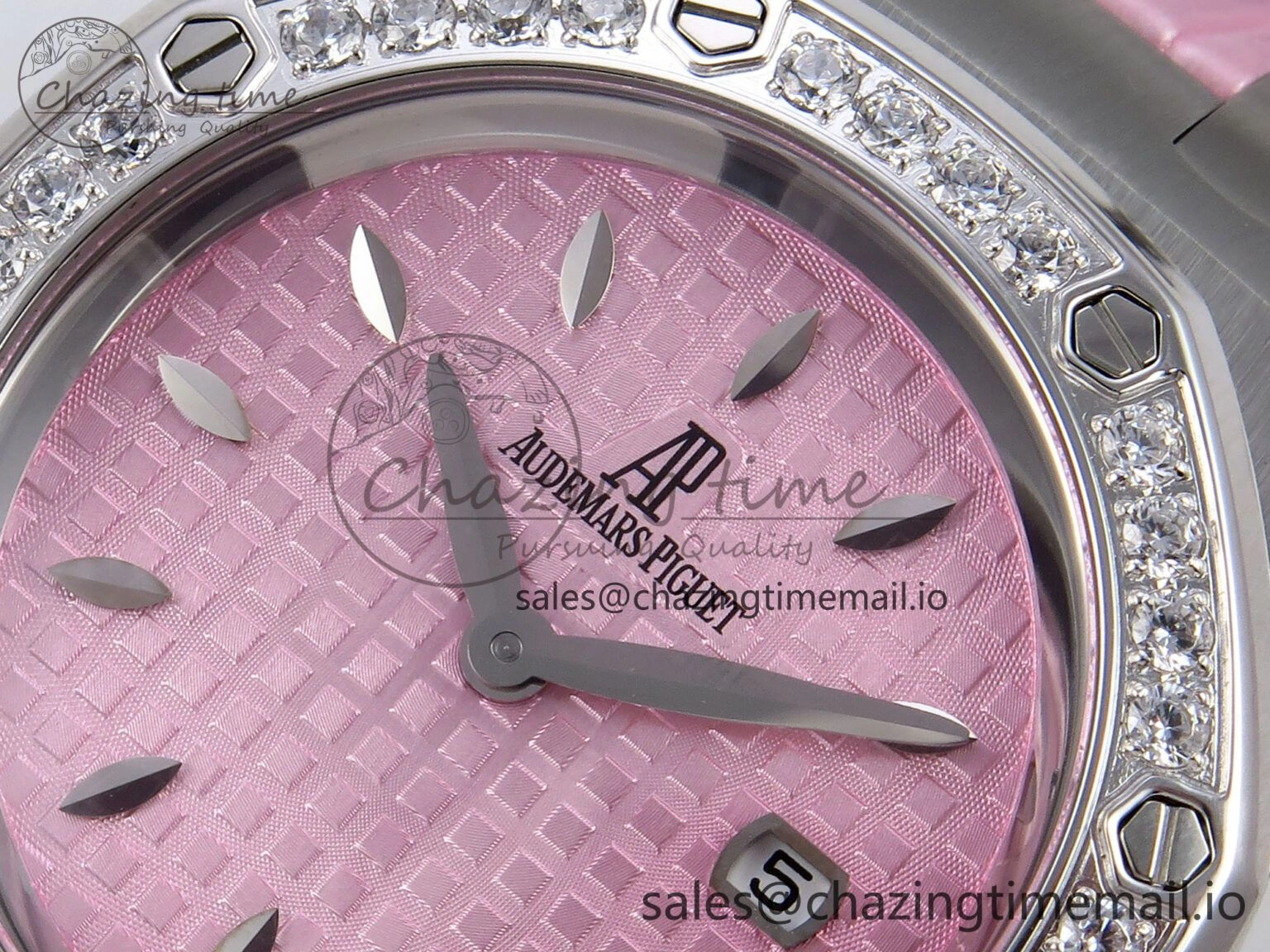 MIROTIME Royal Oak Offshore Ladies 33mm SS DRF Best Edition Pink Dial Diamonds Bezel on Pink Leather Strap ETA Quartz Cozy 4405