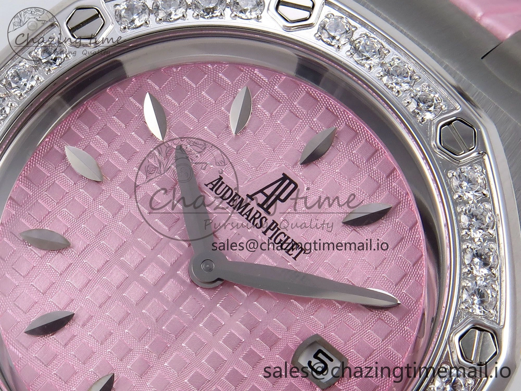 MIROTIME Royal Oak Offshore Ladies 33mm SS DRF Best Edition Pink Dial Diamonds Bezel on Pink Leather Strap ETA Quartz Cozy 4405