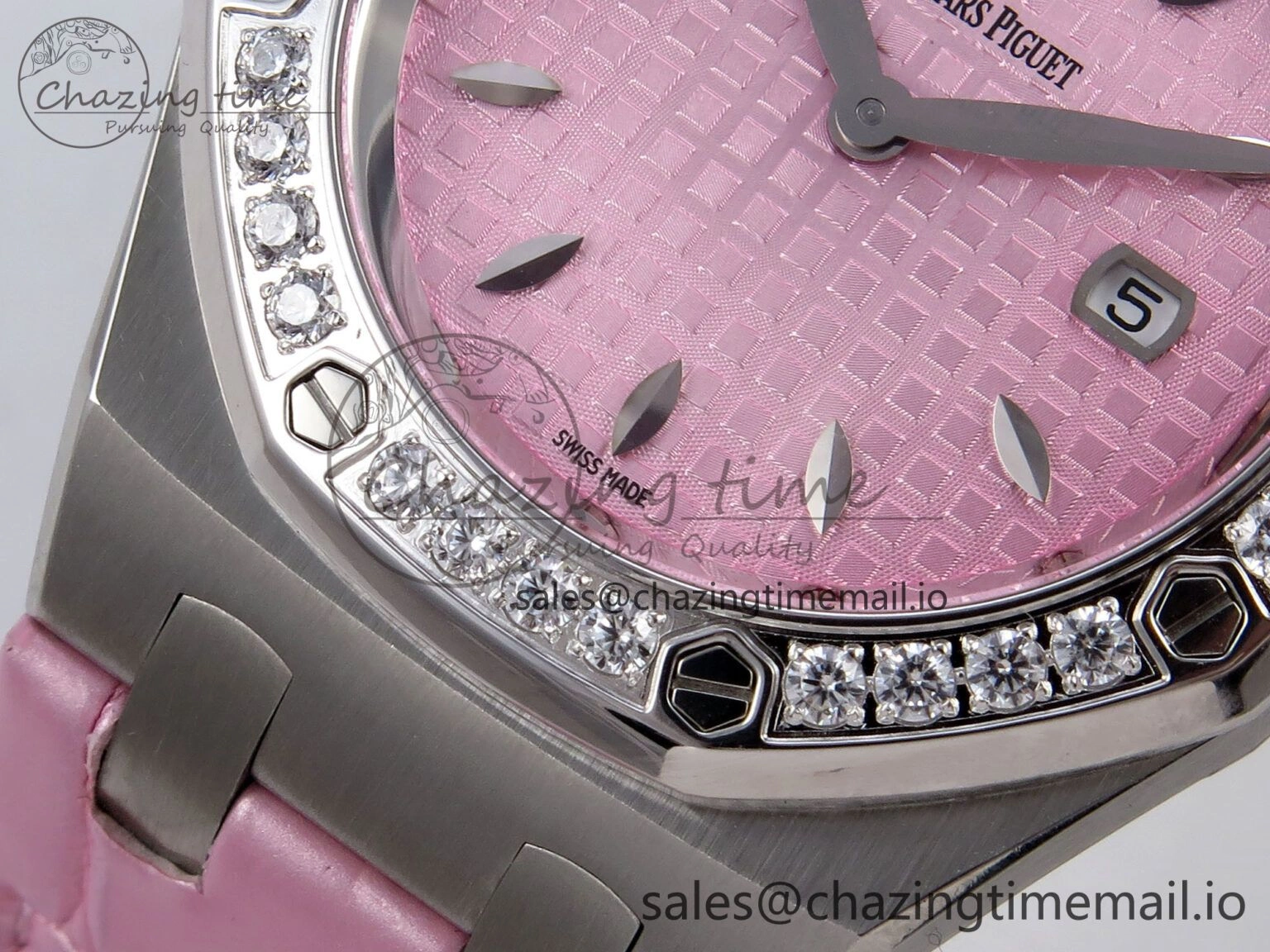 MIROTIME Royal Oak Offshore Ladies 33mm SS DRF Best Edition Pink Dial Diamonds Bezel on Pink Leather Strap ETA Quartz Cozy 4405
