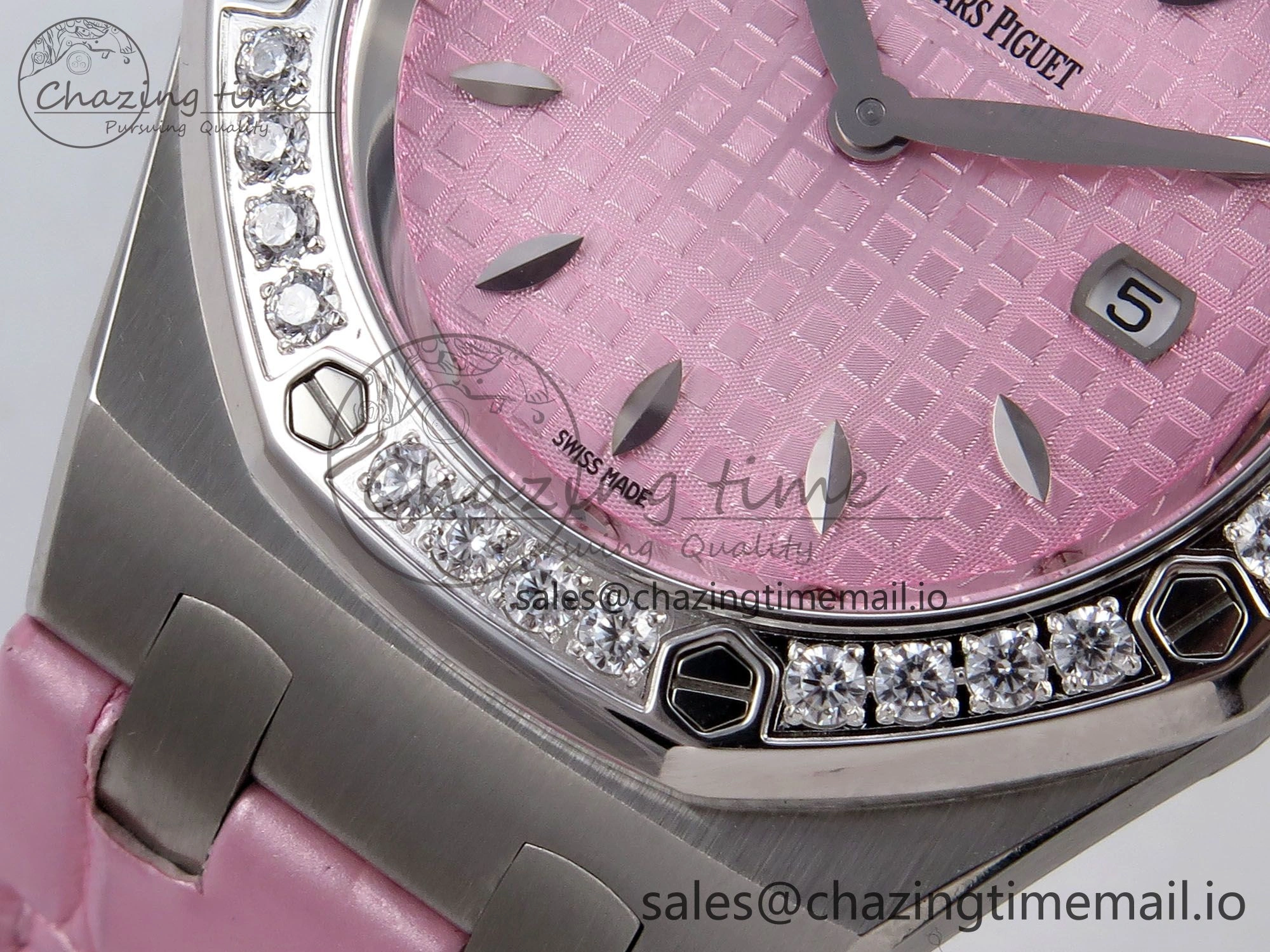 MIROTIME Royal Oak Offshore Ladies 33mm SS DRF Best Edition Pink Dial Diamonds Bezel on Pink Leather Strap ETA Quartz Cozy 4405