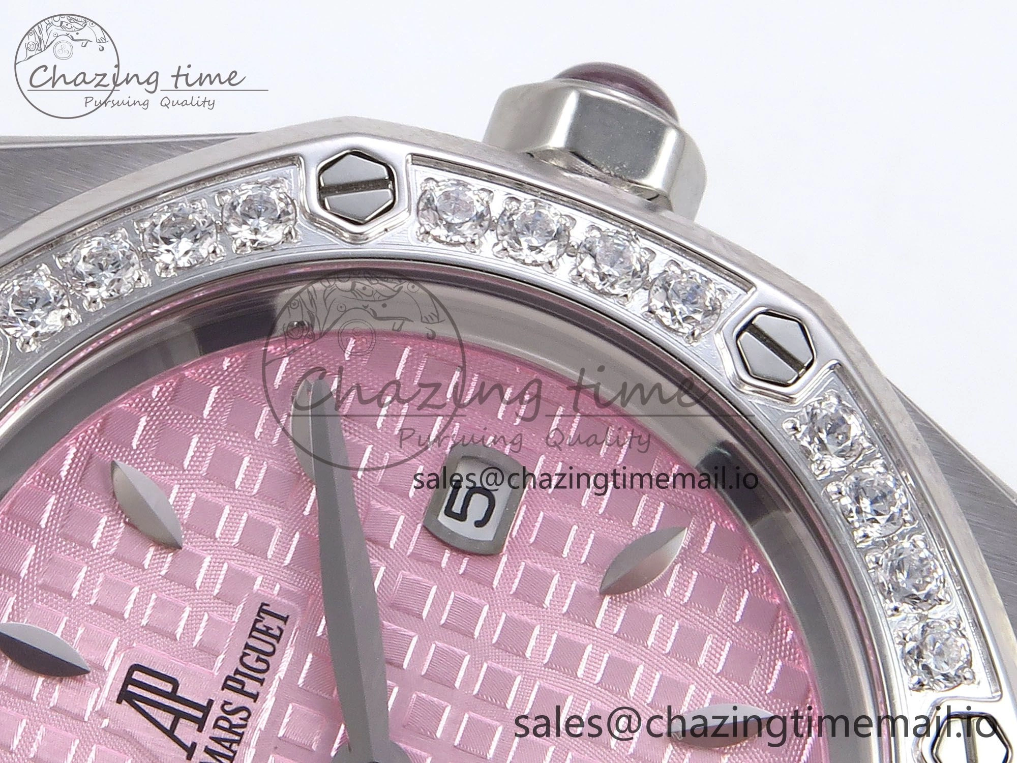 MIROTIME Royal Oak Offshore Ladies 33mm SS DRF Best Edition Pink Dial Diamonds Bezel on Pink Leather Strap ETA Quartz Cozy 4405