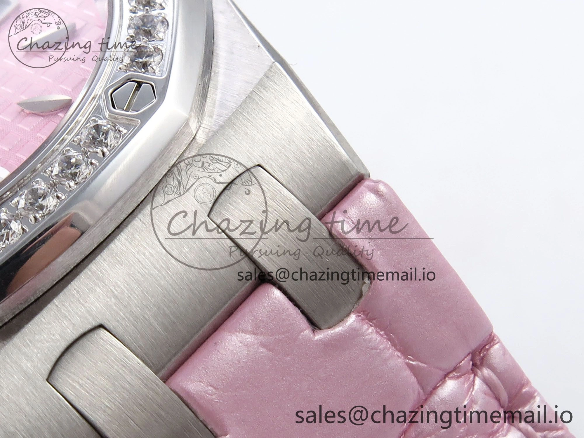 MIROTIME Royal Oak Offshore Ladies 33mm SS DRF Best Edition Pink Dial Diamonds Bezel on Pink Leather Strap ETA Quartz Cozy 4405