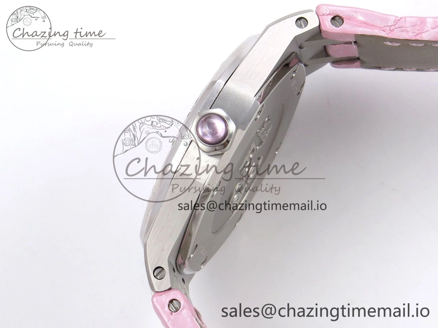 MIROTIME Royal Oak Offshore Ladies 33mm SS DRF Best Edition Pink Dial Diamonds Bezel on Pink Leather Strap ETA Quartz Cozy 4405