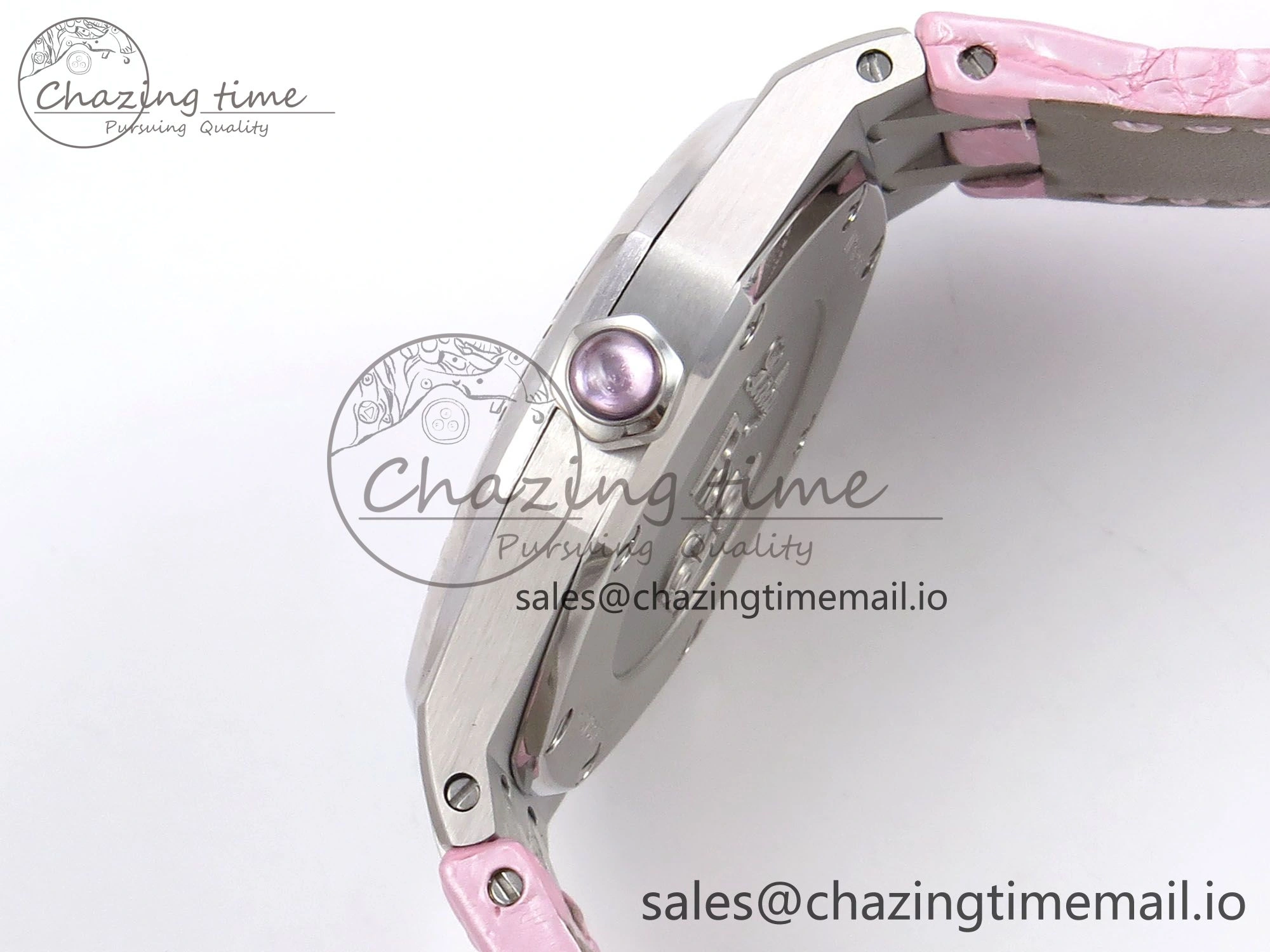 MIROTIME Royal Oak Offshore Ladies 33mm SS DRF Best Edition Pink Dial Diamonds Bezel on Pink Leather Strap ETA Quartz Cozy 4405