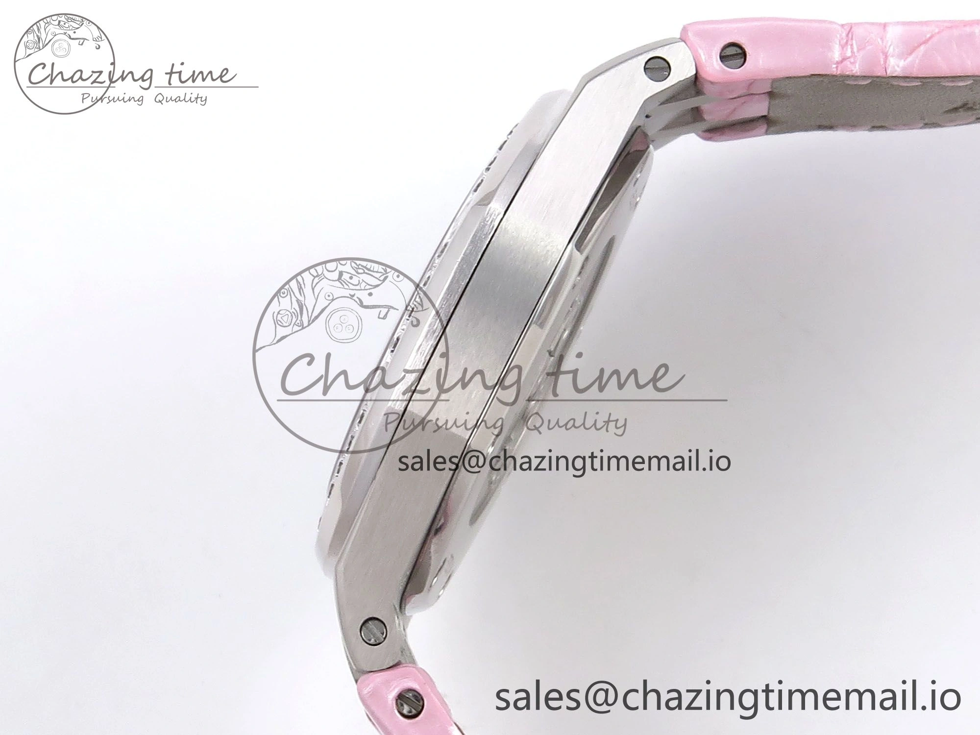 MIROTIME Royal Oak Offshore Ladies 33mm SS DRF Best Edition Pink Dial Diamonds Bezel on Pink Leather Strap ETA Quartz Cozy 4405