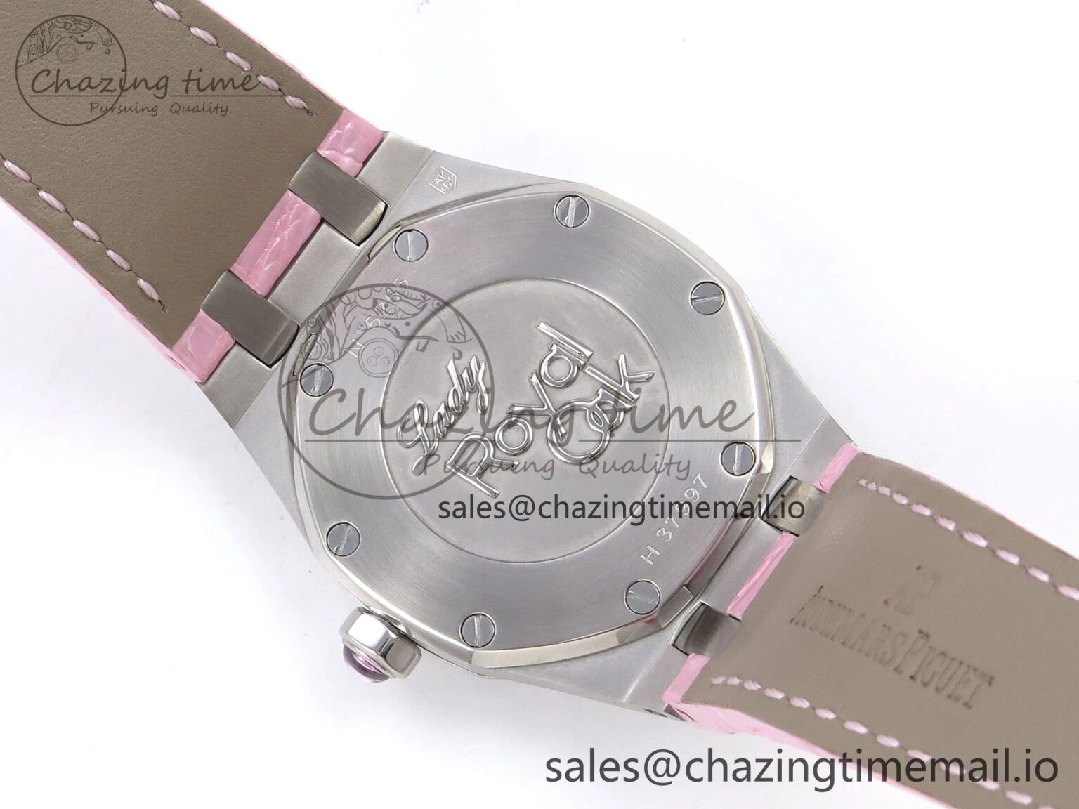 MIROTIME Royal Oak Offshore Ladies 33mm SS DRF Best Edition Pink Dial Diamonds Bezel on Pink Leather Strap ETA Quartz Cozy 4405