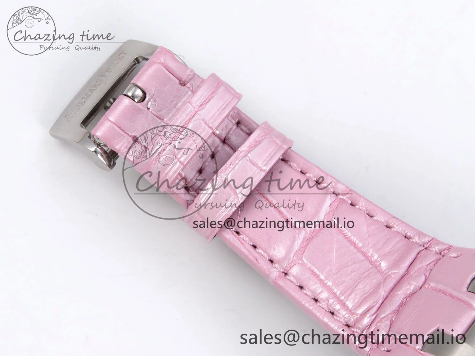 MIROTIME Royal Oak Offshore Ladies 33mm SS DRF Best Edition Pink Dial Diamonds Bezel on Pink Leather Strap ETA Quartz Cozy 4405