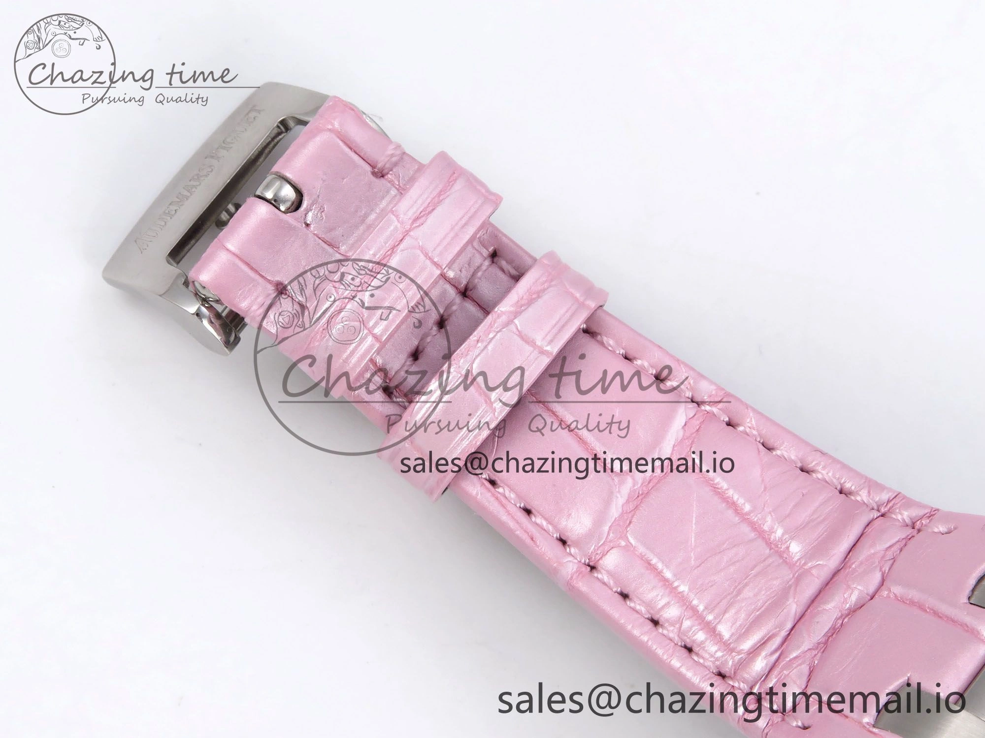 MIROTIME Royal Oak Offshore Ladies 33mm SS DRF Best Edition Pink Dial Diamonds Bezel on Pink Leather Strap ETA Quartz Cozy 4405