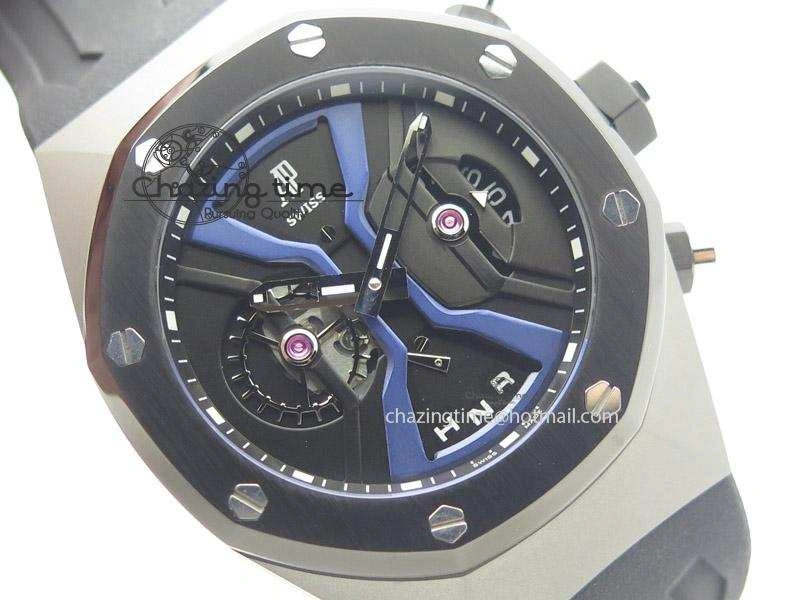 MIROTIME Tourbillon Concept GMT SS Black Blue Dial On Black Rubber Strap Japan Quartz HighQuality 5100