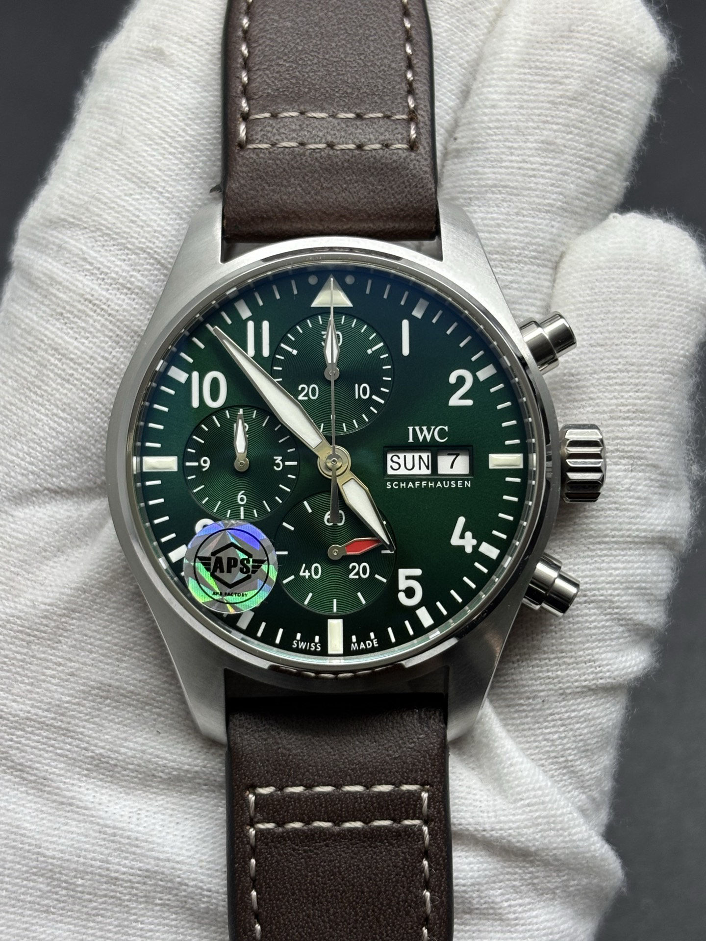WeatherProof IWC Pilot's Watch Chronograph 41 Reference IW388103 with a green dial 180