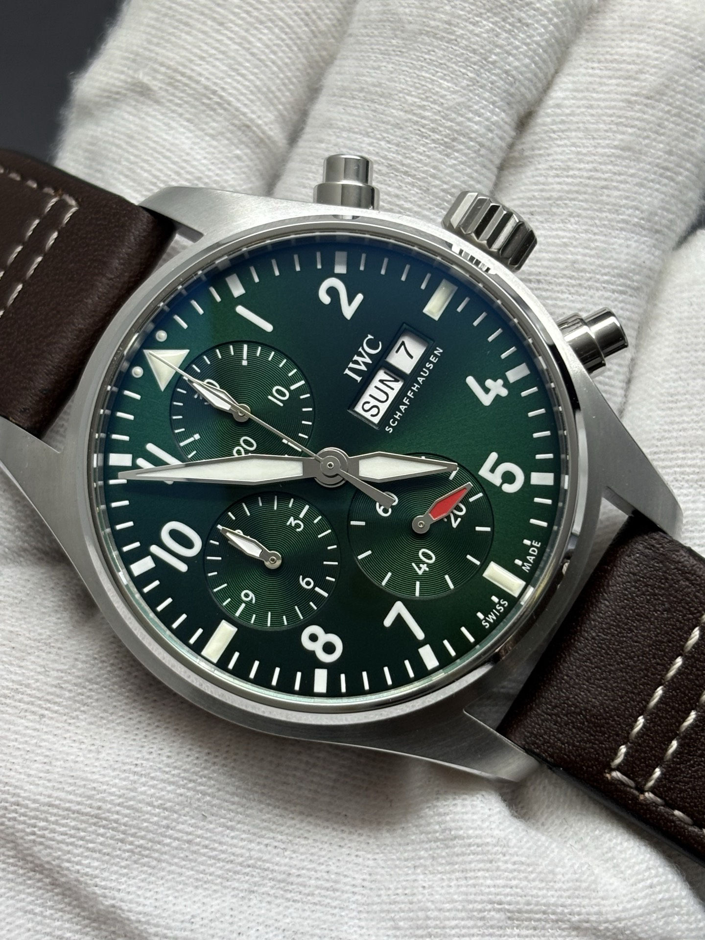 WeatherProof IWC Pilot's Watch Chronograph 41 Reference IW388103 with a green dial 180
