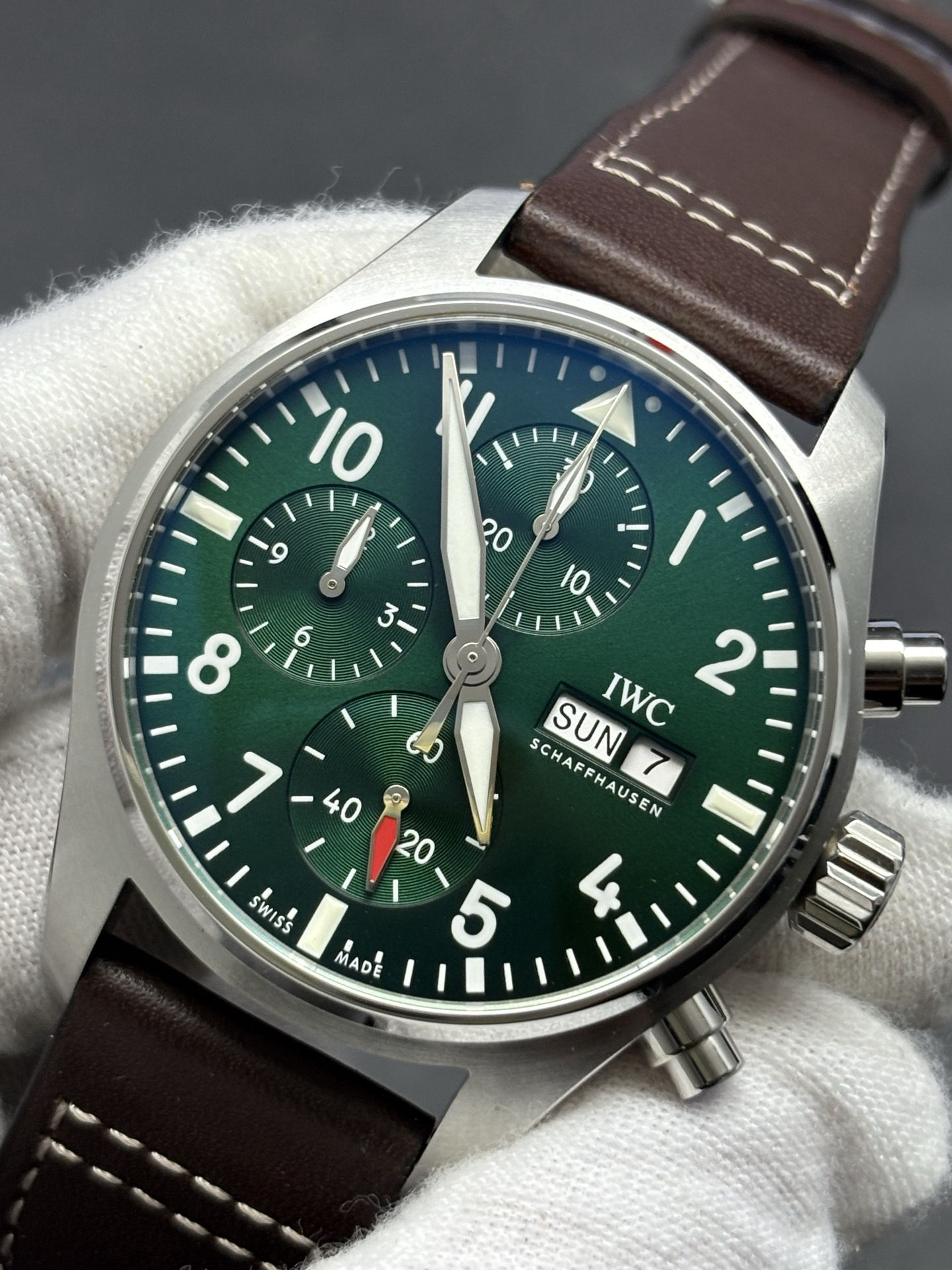 WeatherProof IWC Pilot's Watch Chronograph 41 Reference IW388103 with a green dial 180