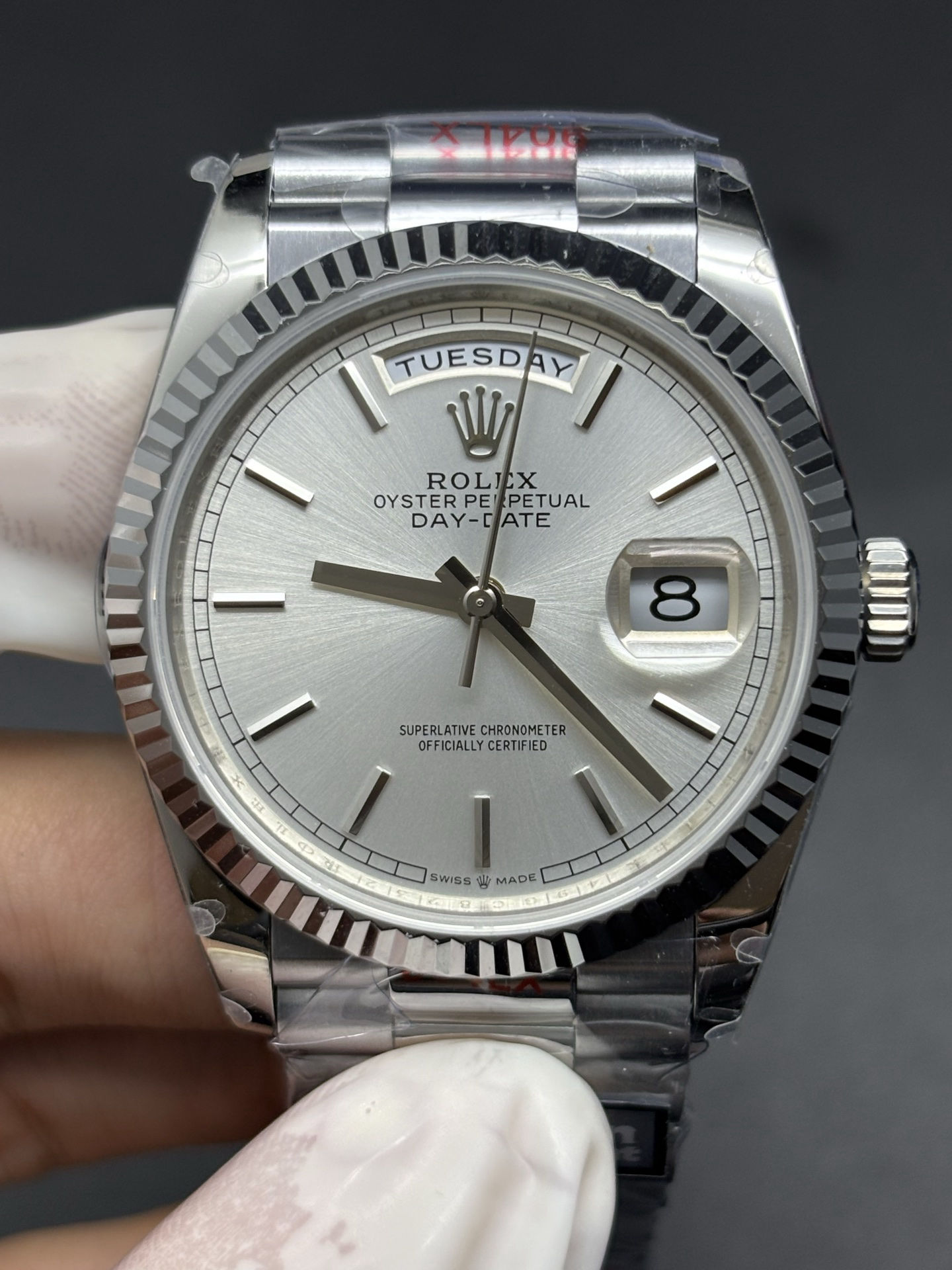 Rolex Day-Date Silver Dial and Fluted Bezel SunProtective 67