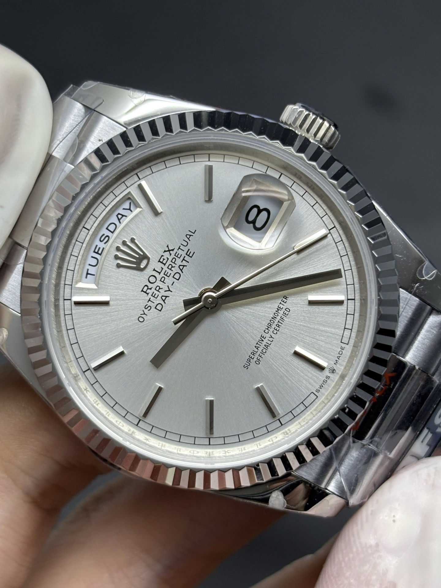 Rolex Day-Date Silver Dial and Fluted Bezel SunProtective 67