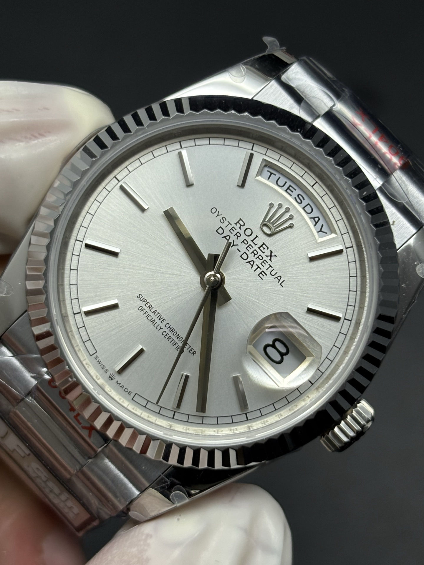 Rolex Day-Date Silver Dial and Fluted Bezel SunProtective 67