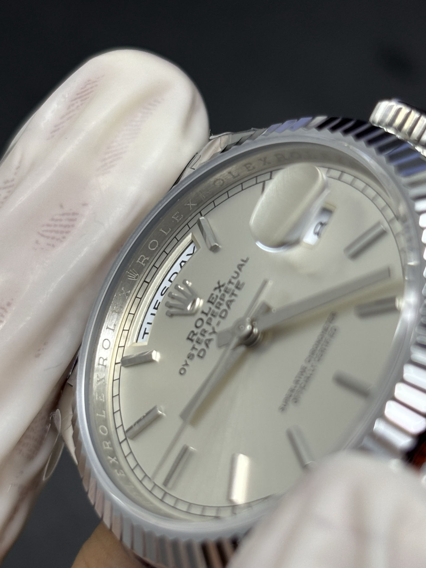 Rolex Day-Date Silver Dial and Fluted Bezel SunProtective 67