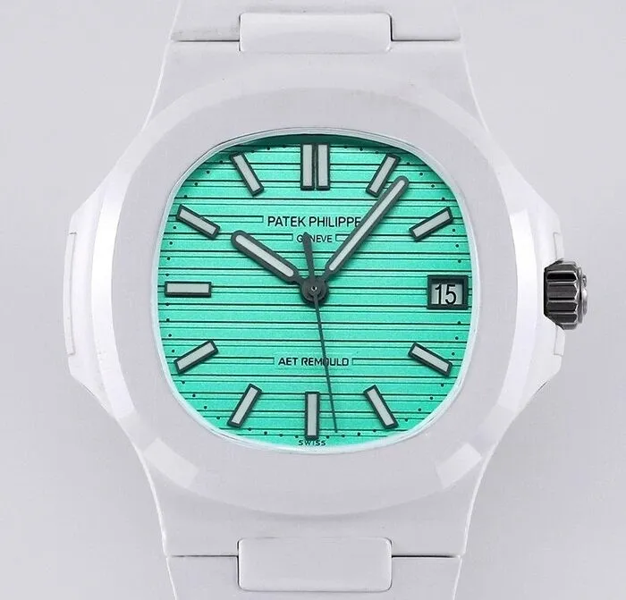 AET Custom Patek Philippe Nautilus Leather Strap Green Dial White Ceramic Watch Unique 712