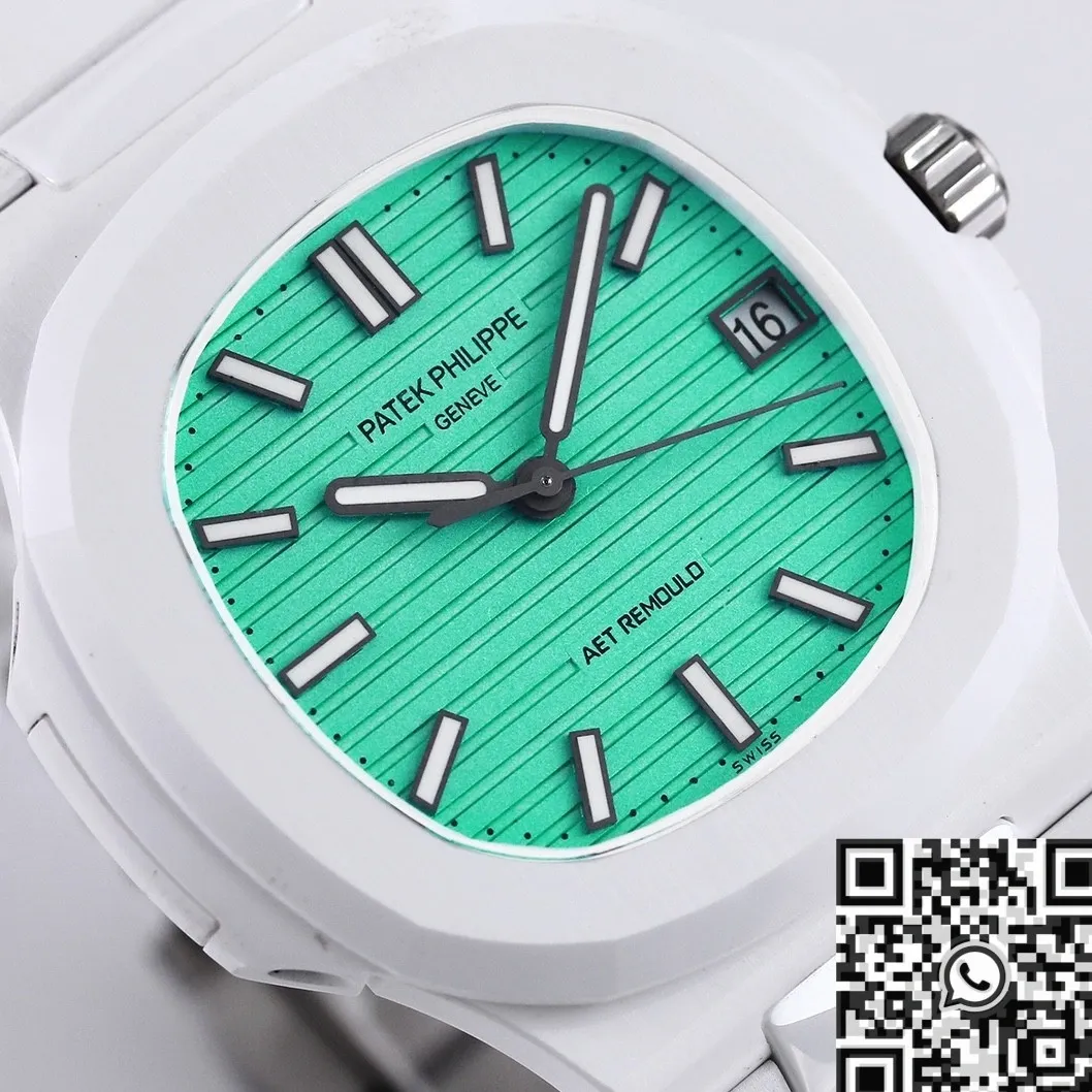 AET Custom Patek Philippe Nautilus Leather Strap Green Dial White Ceramic Watch Unique 712