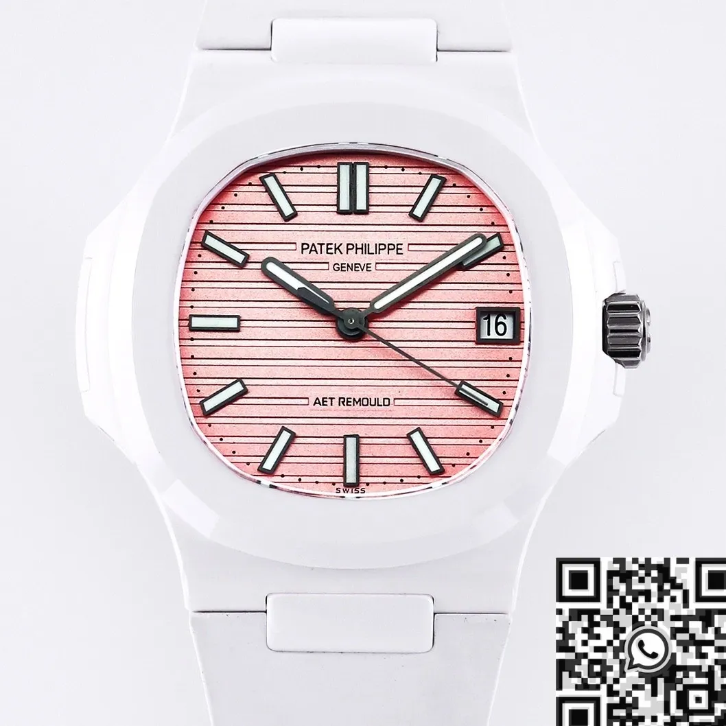 AET Custom Patek Philippe Nautilus Pink Dial White Ceramic Watch SmoothTexture 711