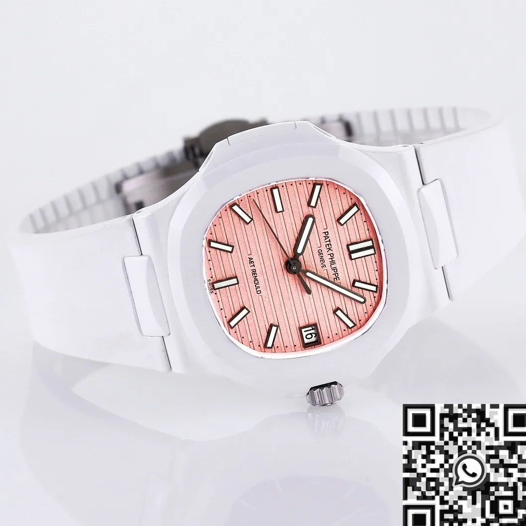 AET Custom Patek Philippe Nautilus Pink Dial White Ceramic Watch SmoothTexture 711