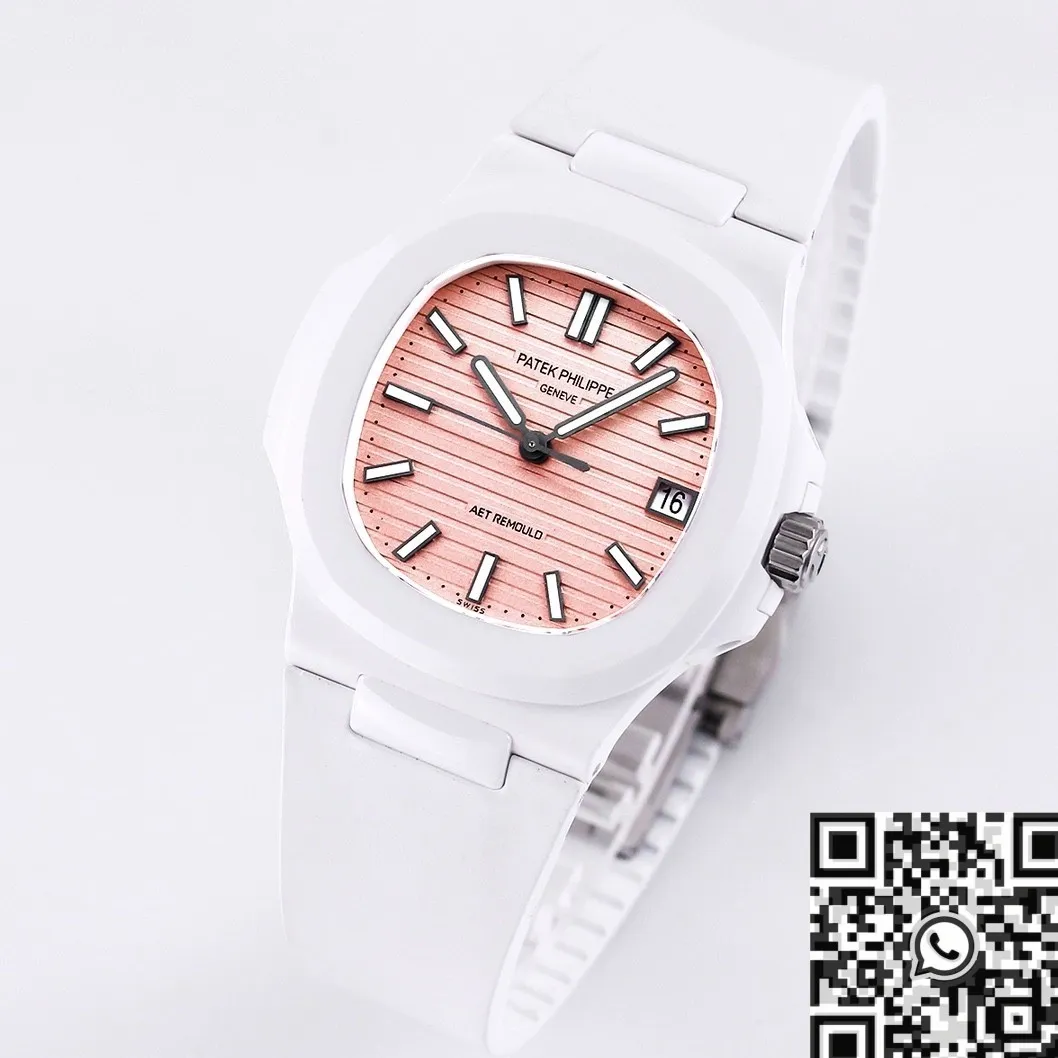 AET Custom Patek Philippe Nautilus Pink Dial White Ceramic Watch SmoothTexture 711