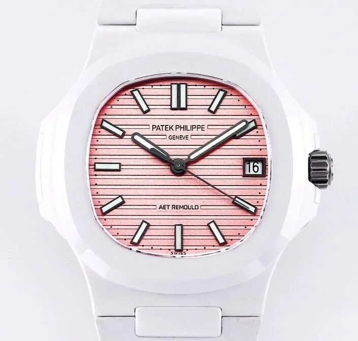 AET Custom Patek Philippe Nautilus Pink Dial White Ceramic Watch SmoothTexture 711