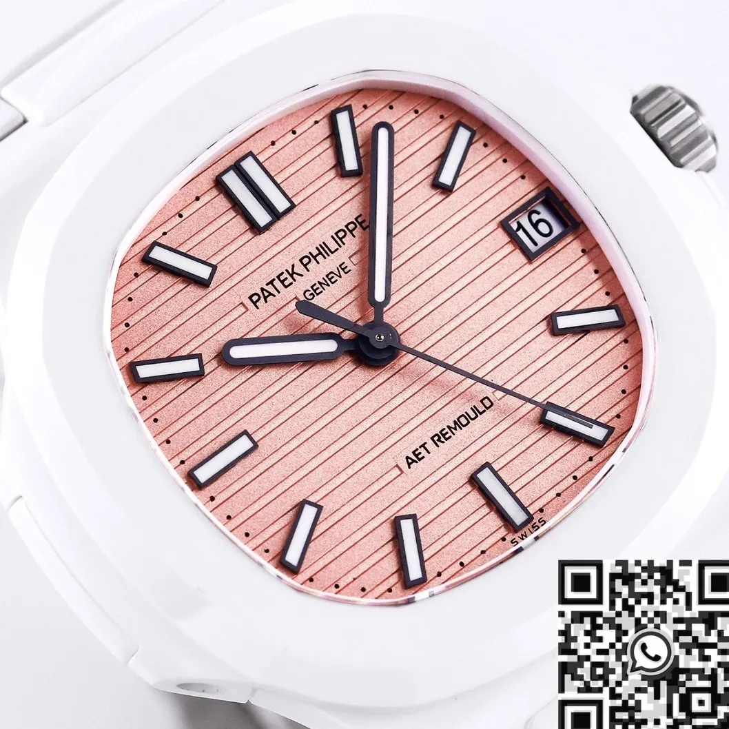 AET Custom Patek Philippe Nautilus Pink Dial White Ceramic Watch SmoothTexture 711
