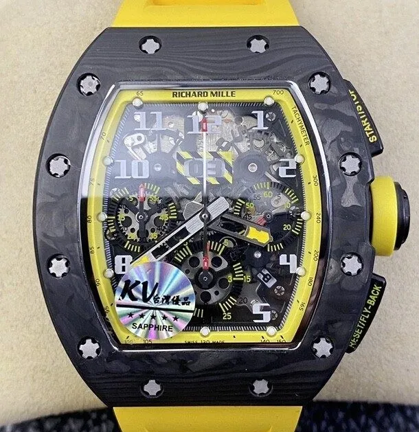 Modern Richard Mille Felipe Massa RM 011 Yellow Rubber Strap Watch KV Factory 2520