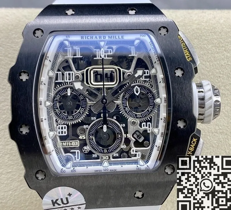 Richard Mille RM011-03 Black Ceramic Bezel White Rubber Strap Watch KU Factory WaterResistant 2536